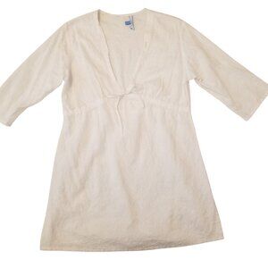 100% Cotton White Floral Textured Bikini Coverup Dress Women Medium Resort Wear